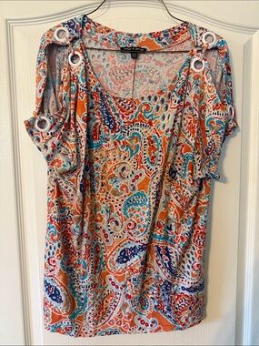 Cato Paisley Cold-Shoulder Blouse in Orange, Blue & Cream